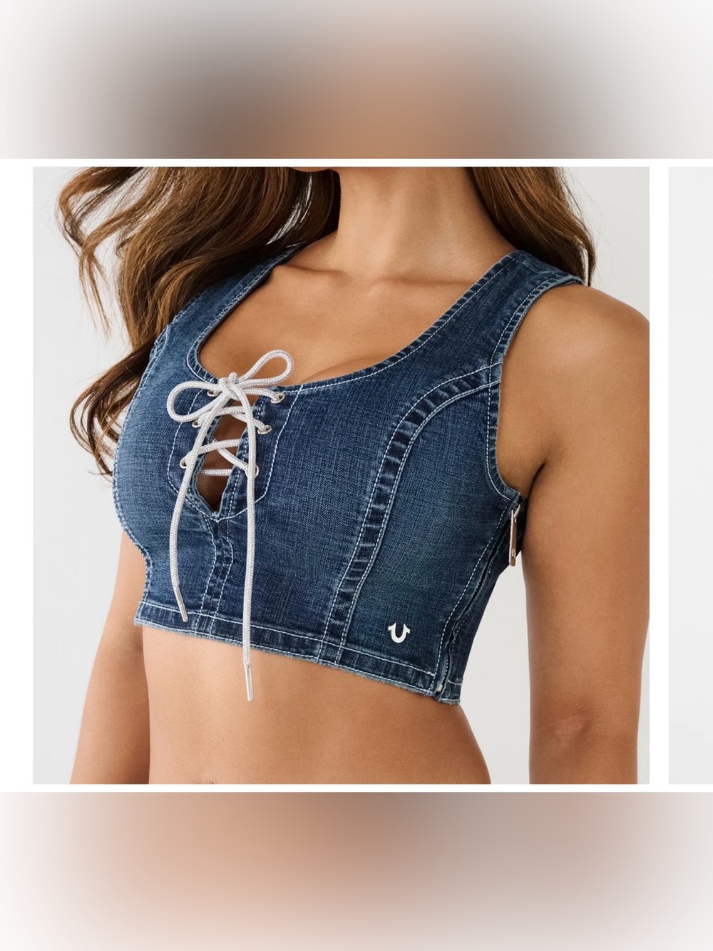 True Religion Crystal Tank Top Lace Up Denim Love In A Mist Crop Womens XL